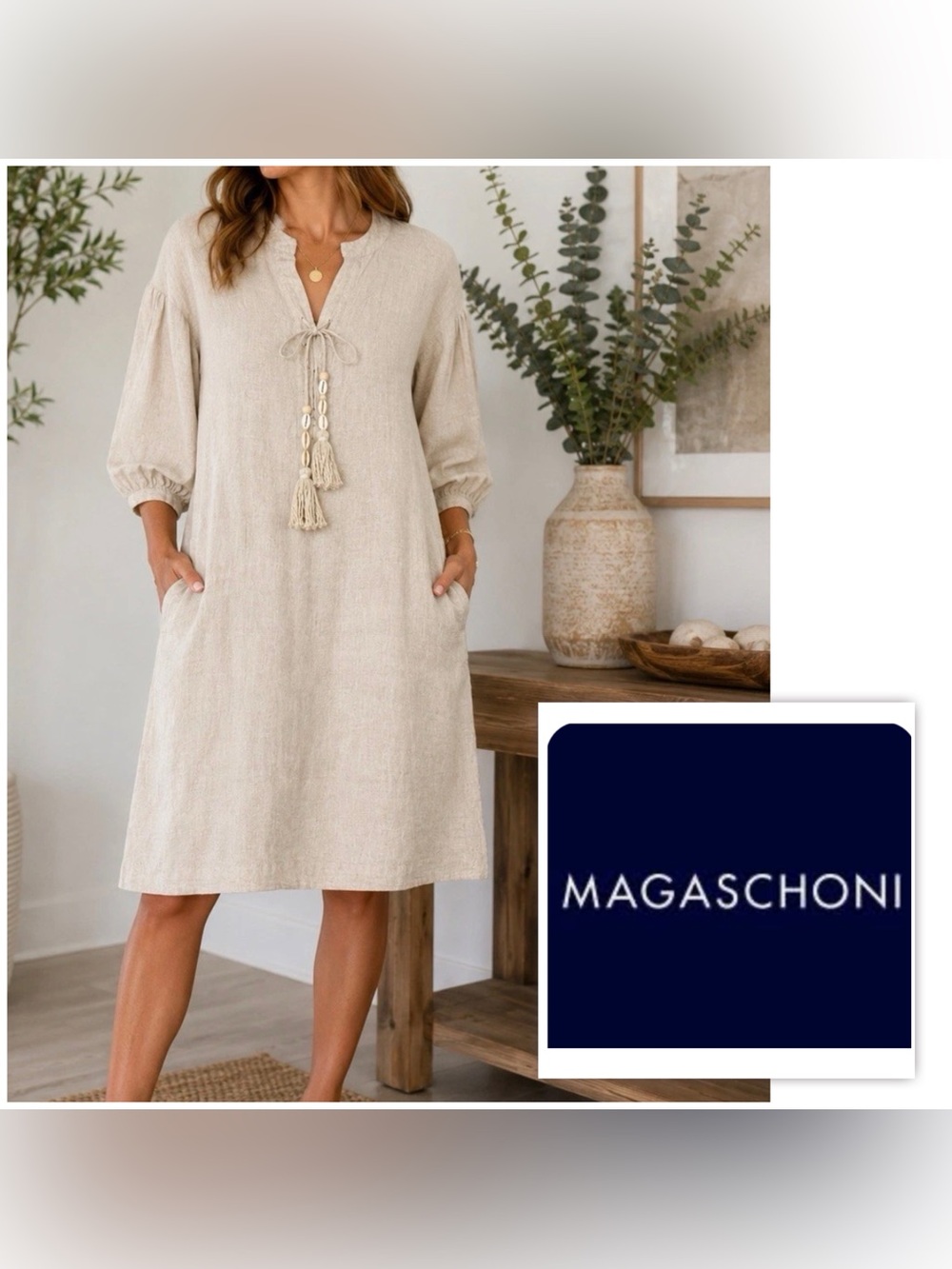 NEW $188 Magaschoni Women XS Beige Linen Tassel Shift BOHO Dress Oversized